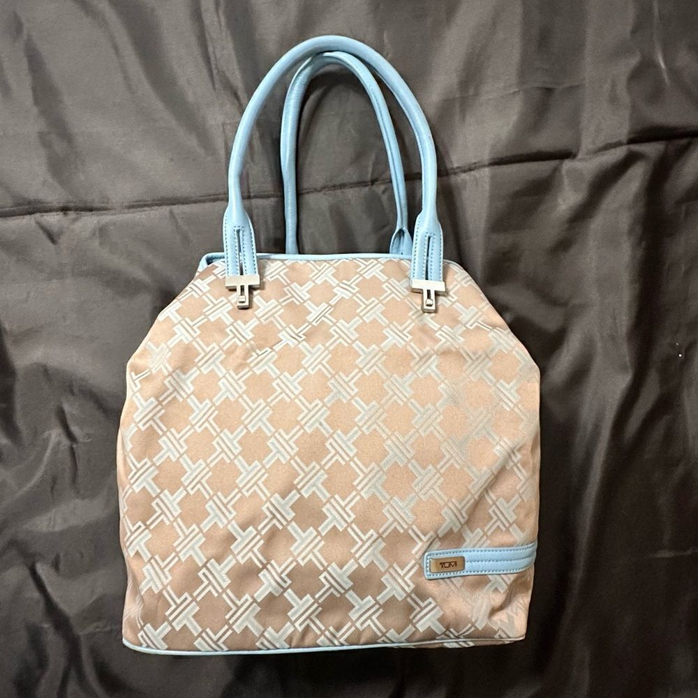 Tumi Blue Taupe Signature Collection Weekender Shoulder Tote Travel Bag.
